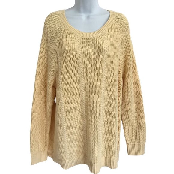 CJ Banks Plus Sz 2X Butter Yellow Cable Knit Pullover Sweater Long Sleeve Cotton - Picture 1 of 11